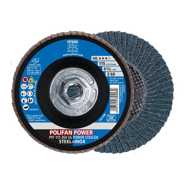 Pferd 4-1/2" x 5/8-11 Thd. POLIFAN® Flap Disc - Z SG POWER STEELOX, Zirconia, 60 Grit, Flat 62278